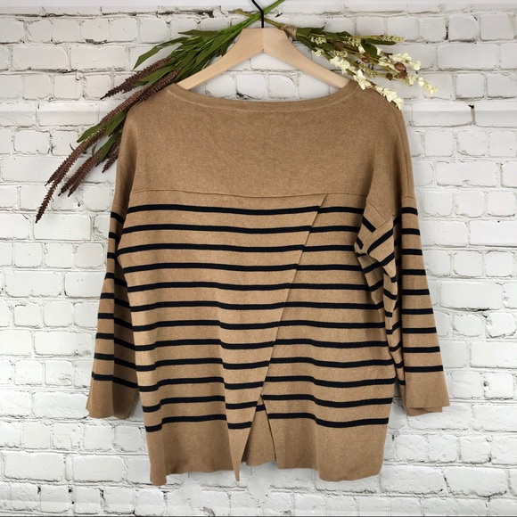 Loft Striped Tan Sweater Asymmetrical Split Back - Picture 3 of 7
